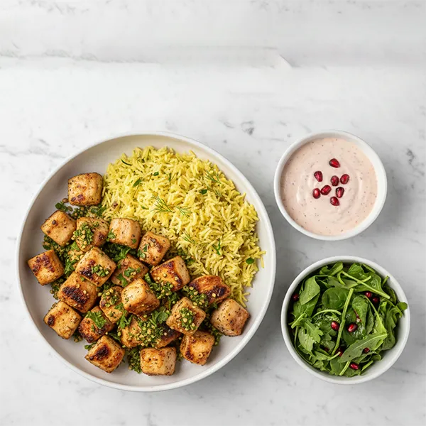 Pistachio Gremolata Chicken With Saffron Dill Rice & Pomegranate Tahini Sauce